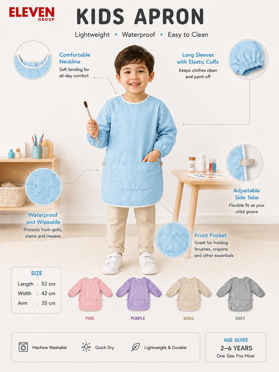 Kids Apron, Waterproof for Painting, Eating, Baking & Craft Activities (Boys & Girls) 2 to 6 yrs