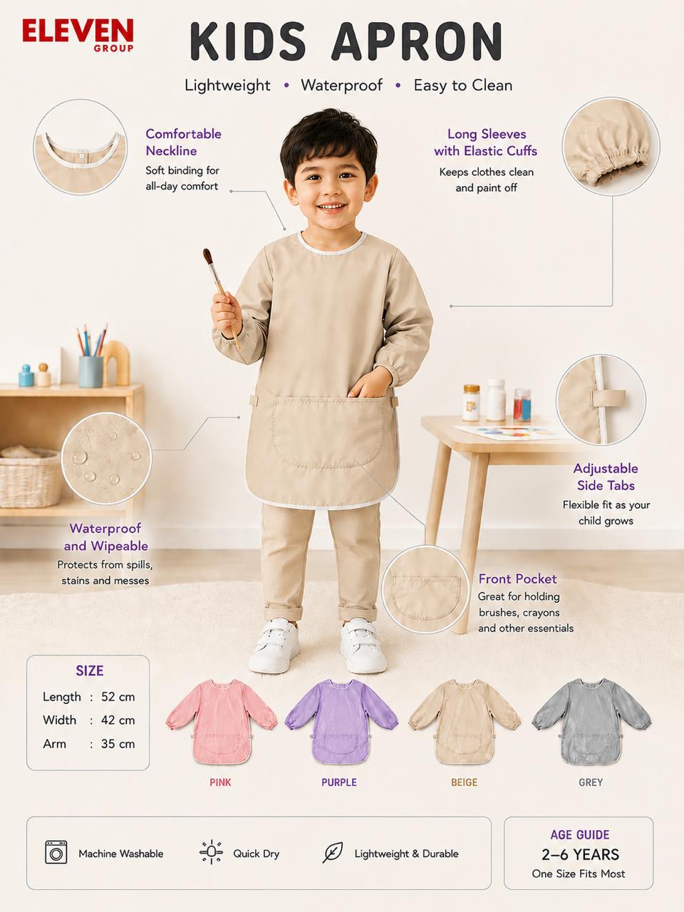 Kids Apron, Waterproof for Painting, Eating, Baking & Craft Activities (Boys & Girls) 2 to 6 yrs