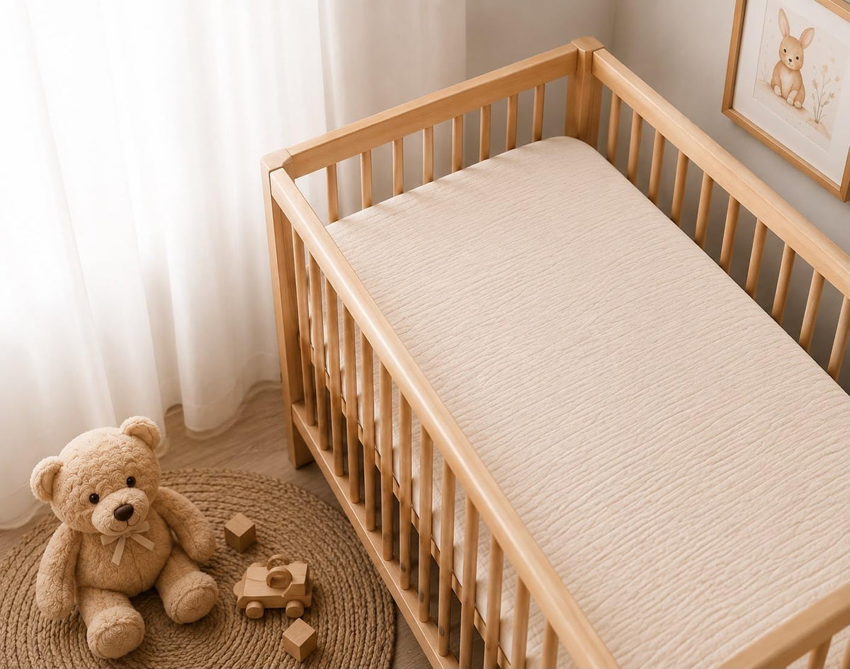 Eleven Group - Muslin 100% Cotton Bed Sheet for Baby Mattress 120 x 60 cm – Soft, Breathable & Secure Elastic Fit – Beige