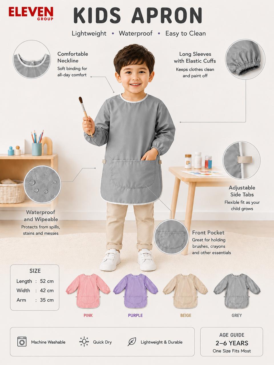 Kids Apron, Waterproof for Painting, Eating, Baking & Craft Activities (Boys & Girls) 2 to 6 yrs